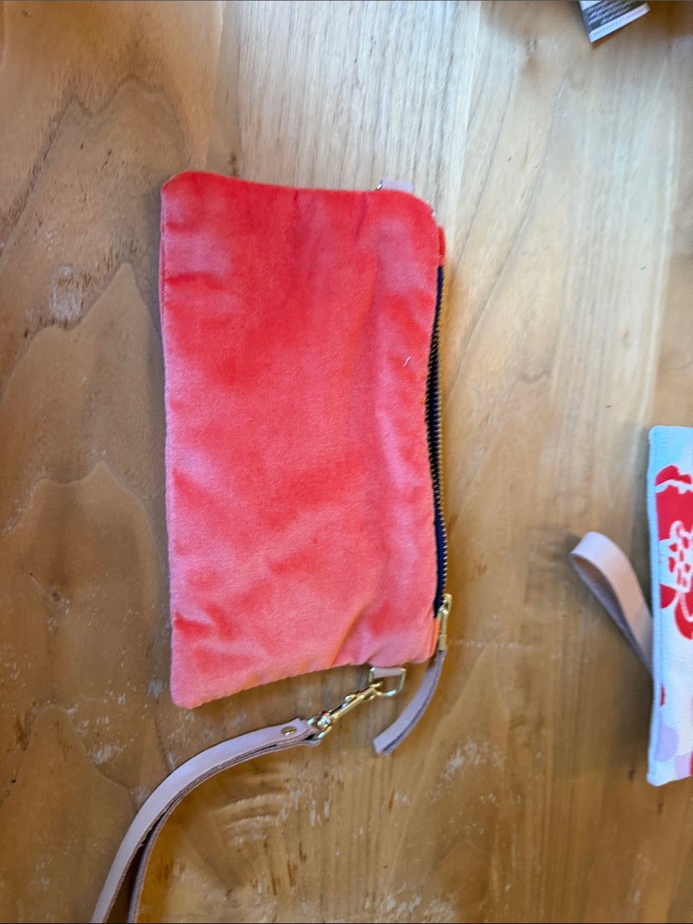 Coral Pink Suede Wristlet Clutch with Detachable Strap